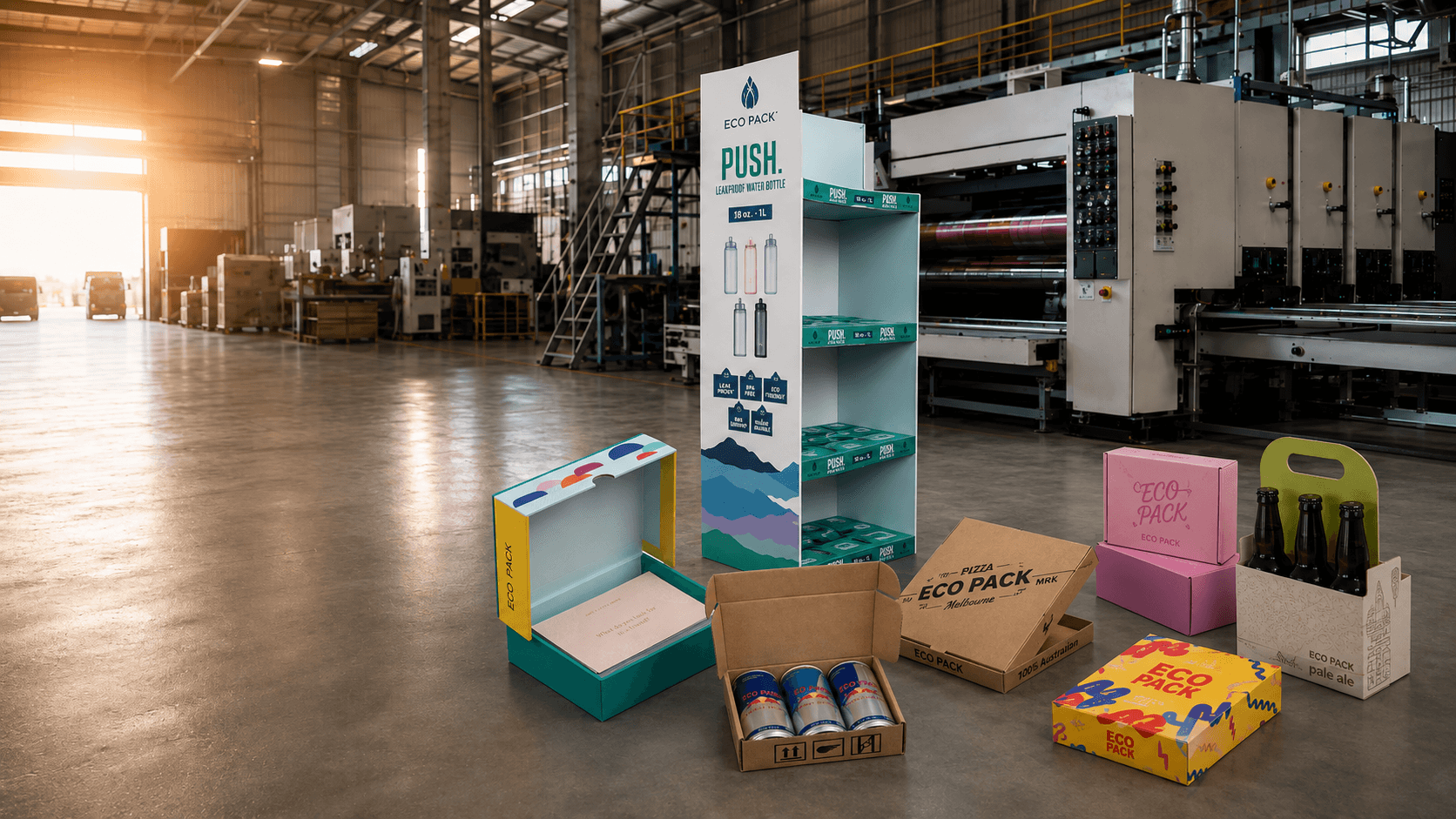 Factory floor with corrugated packaging products and production equipment